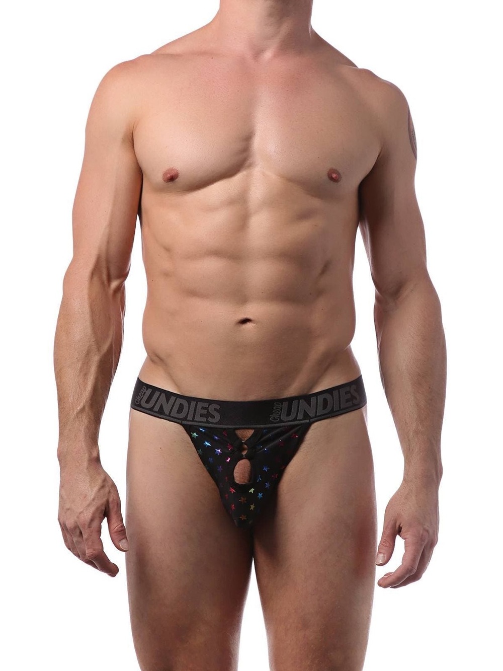 CheapUndies Black W/Rainbow Star Foil Ring Thong large